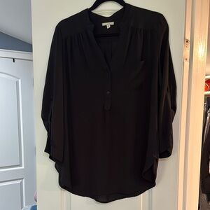 Pleione Black Relaxed Blouse with 3/4 Sleeves and Mandarin Collar